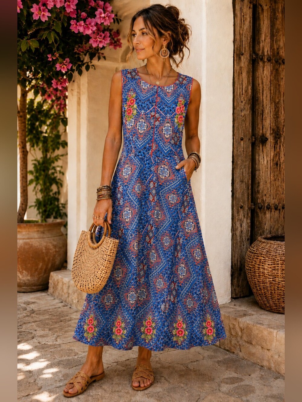 Boutique Artisan Paisley Midi Dress Embroidered Floral Pearl Frog Button Detail